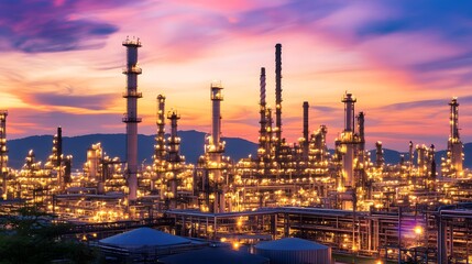 Fototapeta premium A city skyline with many tall buildings and a beautiful sunset in the background. The sky is filled with clouds, giving the scene a serene and peaceful atmosphere