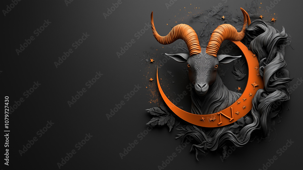 Poster 3d design of goat representing capricorn with intricate details, featuring orange horns and crescent