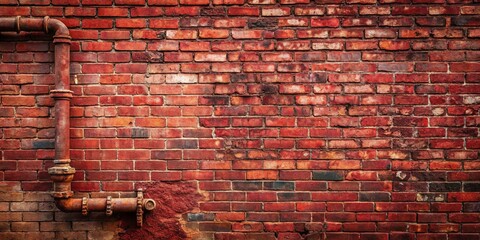 An aged, red brick wall with a rusty pipe jutting out, creating a rustic and industrial backdrop.