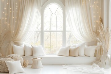A light pink wall with white curtains and balloons in the background, with an empty table for photography. The backdrop is a photo studio with pink balloons