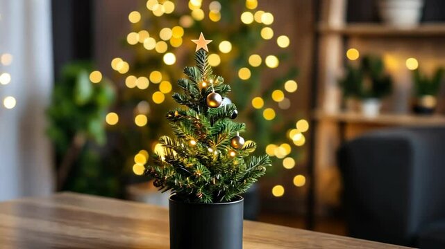 a cute mini Christmas tree pot decorate on table at home with festive lights