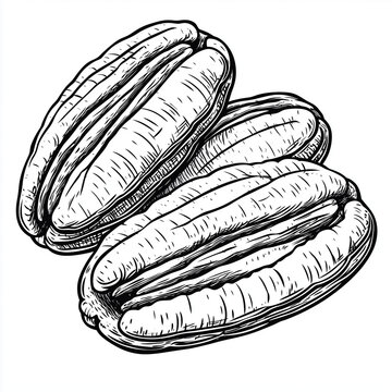 Simple line drawing of a  pecans on a white background, 