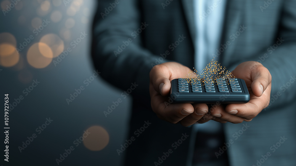 Poster businessman holding calculator with glowing graphs and data visualizations, symbolizing financial an