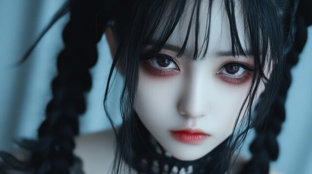 Character close face girl asian cute model black gothic make up halloween theme background wallpaper AI generated image