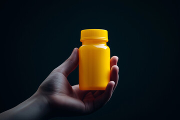 Hand Holding Yellow Plastic Bottle with Black Background