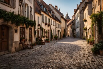 Empty cobblestone street in a quaint european village soft afternoon light, Ai Generated