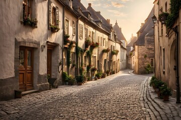 Fototapeta premium Empty cobblestone street in a quaint european village soft afternoon light, Ai Generated