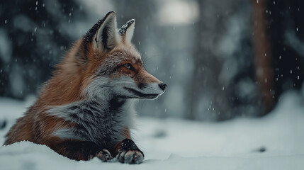 close up of red fox in snowy landscape, showcasing its beautiful fur and alert expression amidst falling snowflakes. serene winter scene highlights fox natural habitat