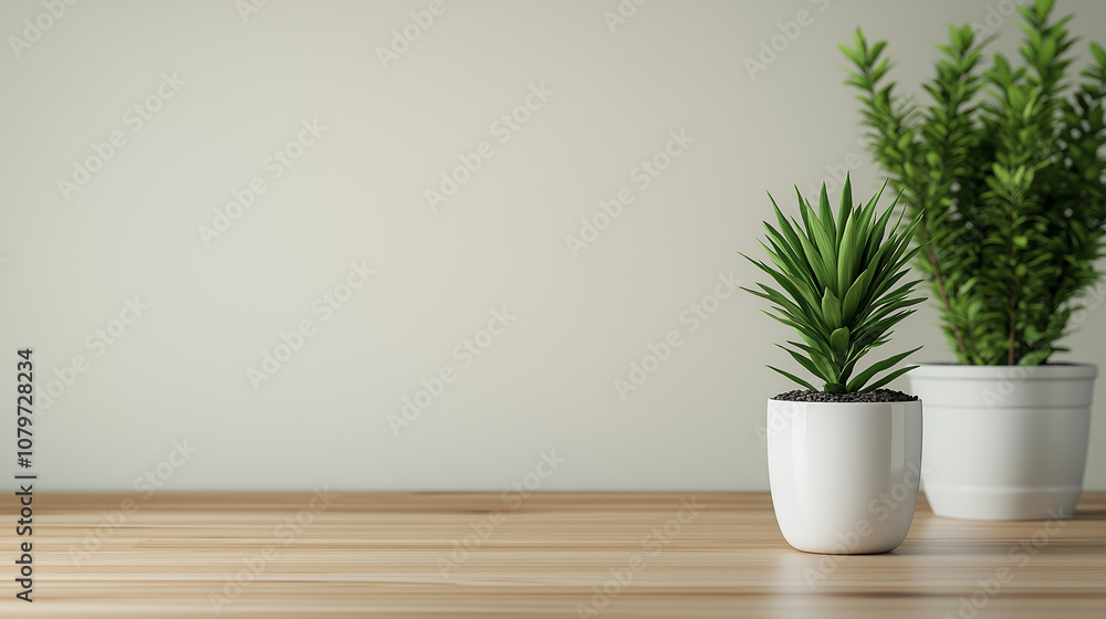 Poster modern interior featuring potted plants on wooden table, creating fresh and inviting atmosphere. gre