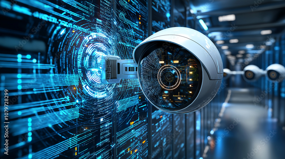 Poster digital landscape featuring futuristic security camera monitoring data flow, showcasing advanced tec