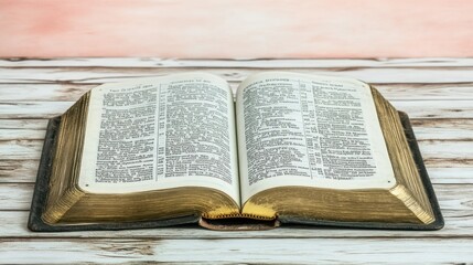 Obraz premium An open book with pages featuring text, resting on a wooden surface.