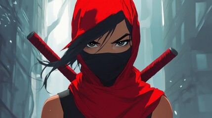 Woman ninja assassin legend anime style standing with a serious and mysterious look background wallpaper AI generated image