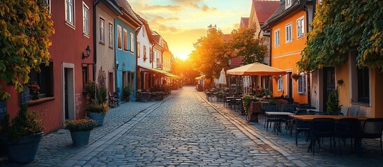Obraz premium Cobblestone Street in Historic European Town at Sunset