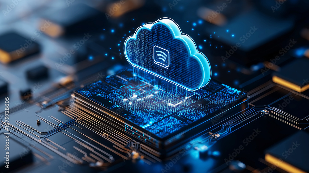 Poster dynamic scene of cloud data transfer to secure platform, showcasing technology and innovation. glowing cloud symbolizes connectivity and data flow