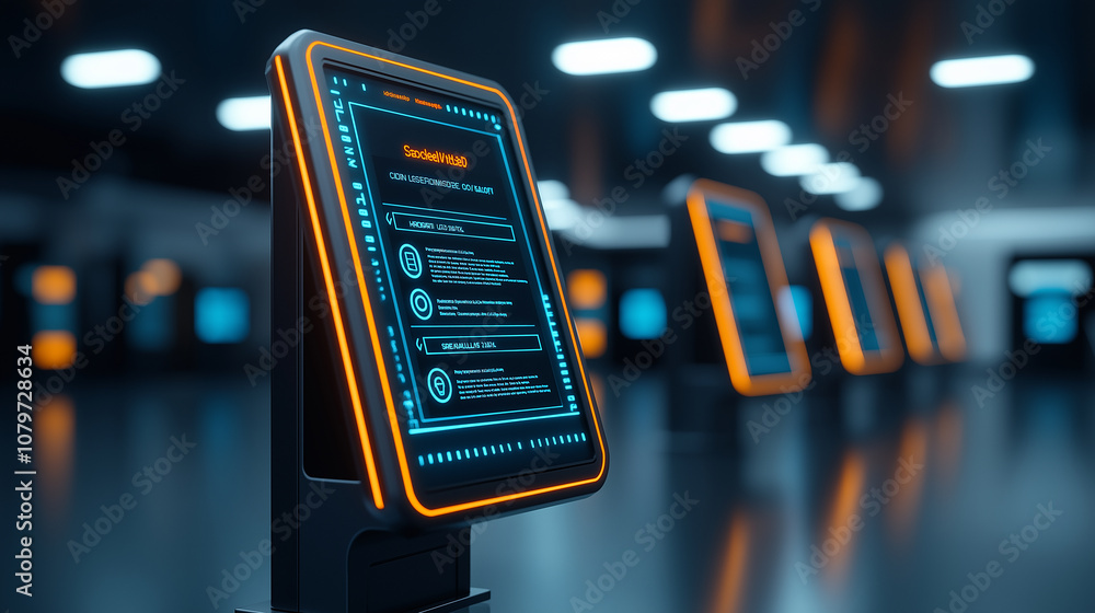 Aufkleber futuristic payment terminal with secure transaction interface, glowing with vibrant orange accents, 