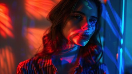 Fototapeta premium Beautiful Woman Under Blue And Red neon Lights, AI generated image