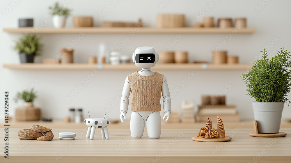 Aufkleber humanoid robot stands in modern retail store, assisting customers with friendly demeanor. environment features wooden shelves filled with various items, creating warm atmosphere