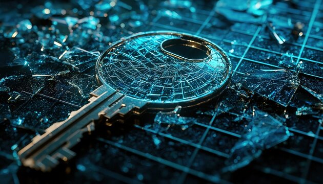 A metallic key lies on a shattered glass surface with a grid pattern, illuminated by a blue light, symbolizing digital security, data protection, and network vulnerability.