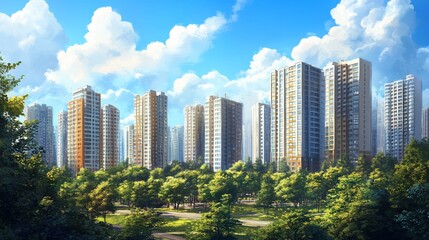 A cityscape with tall buildings and lush green trees in the foreground under a bright blue sky with white fluffy clouds.