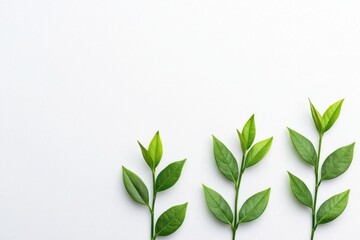 Fototapeta premium Economic Growth and Climate Change concept. Three sprigs of vibrant green leaves arranged gracefully on a clean, white background, symbolizing nature and freshness.