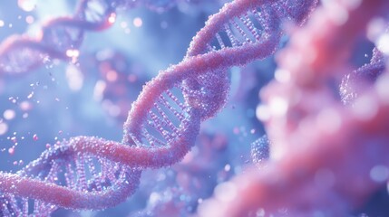 A close-up, digital rendering of DNA strands showcasing their intricate structure, surrounded by glowing particles in a vibrant, ethereal atmosphere.