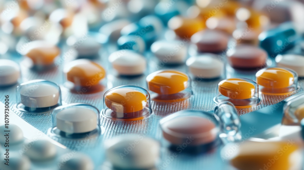 Poster a close-up image of various colorful pills and capsules arranged on a surface, showcasing their dive