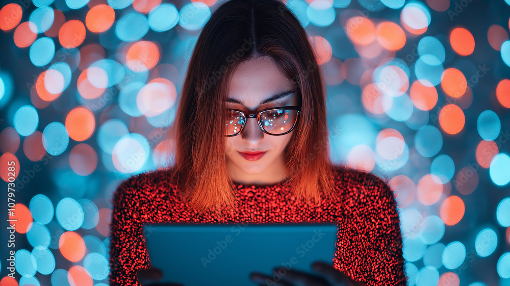 Poster student with glasses focused on tablet, surrounded by colorful bokeh lights, creating vibrant atmosphere. scene conveys concentration and creativity