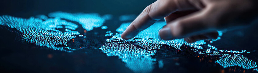 Globalization Trade War Concept. A hand points at a digital world map displayed with glowing blue lights, showcasing global connectivity and advanced technology.