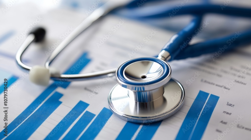 Poster a stethoscope rests on financial charts, symbolizing the intersection of healthcare and data analyti