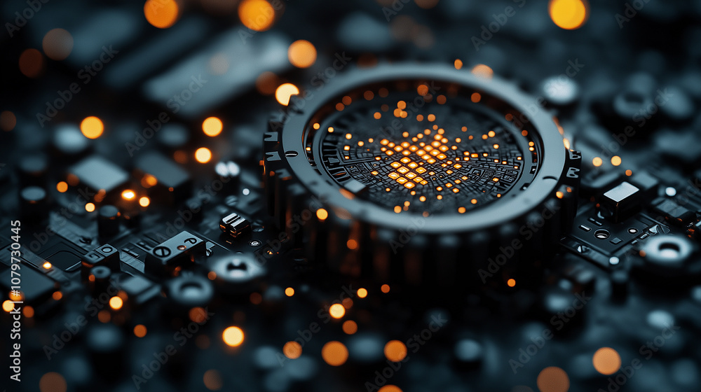 Poster close up of intricate mechanical gears and circuits with glowing lights, showcasing technology and i