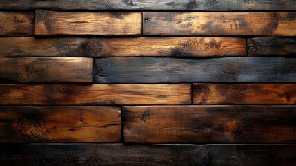 Rustic wooden wall paneling with rich brown tones and a weathered texture.