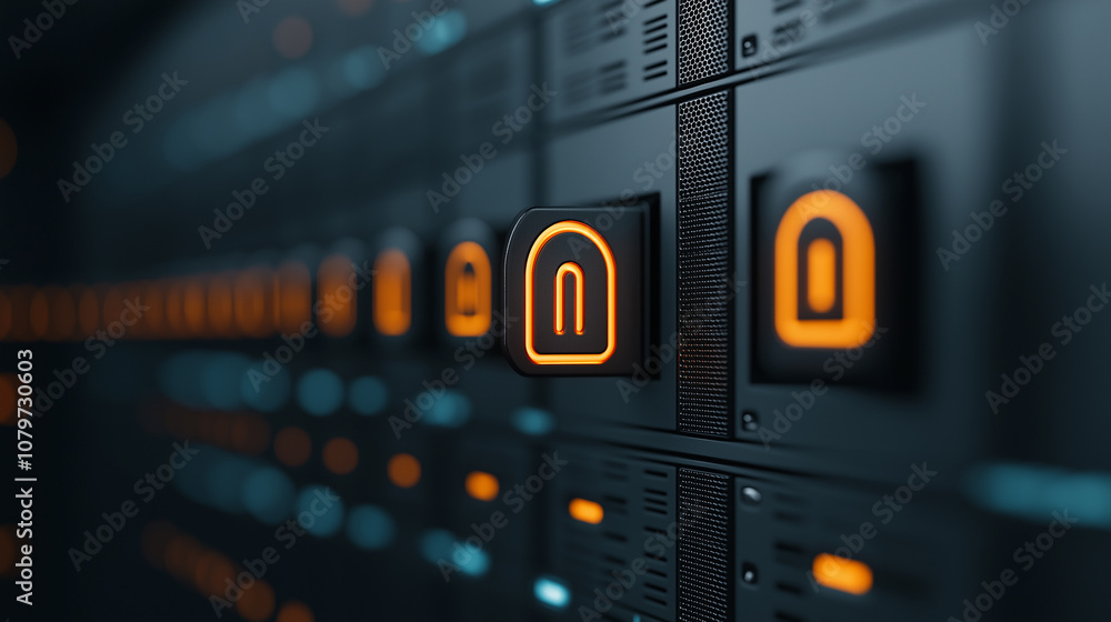 Poster Data center concept with advanced cloud computing technology, featuring illuminated control buttons on server racks, symbolizing connectivity and security