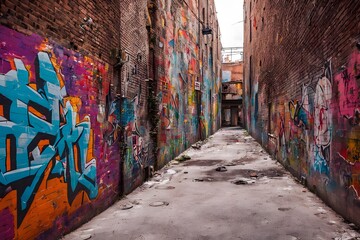 Fototapeta premium Graffiti covered urban alleyway with brick walls and bright colors, Ai Generated
