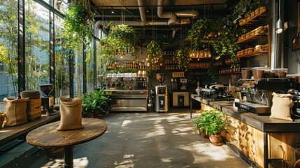 Fototapeta premium A cozy, sunlit coffee shop with abundant plants and rustic decor. Wooden shelves hold coffee jars, and a modern espresso machine is ready for use, creating a warm, inviting atmosphere.