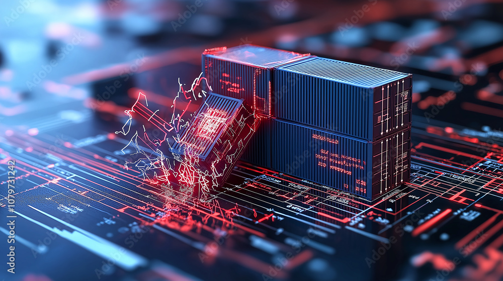Poster digital representation of shipping containers with futuristic design, showcasing breakdown in export