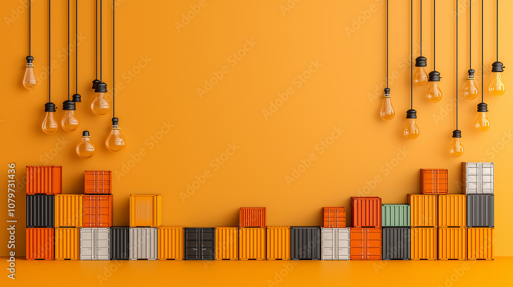 Poster bright orange background with stacked shipping containers and hanging light bulbs creates vibrant in