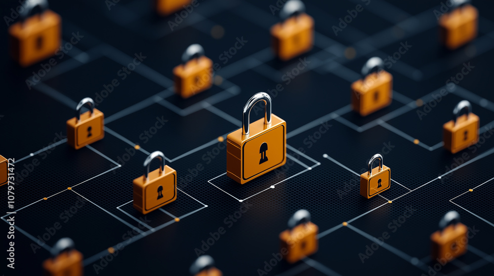 Poster Secure data center architecture with digital locks and connections, symbolizing cybersecurity and data protection. design emphasizes safety and technology in modern context