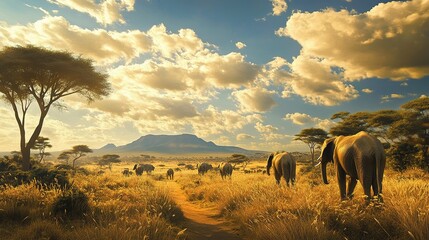 A safari adventure destination, with vast savannahs and wild animals like lions and elephants.
