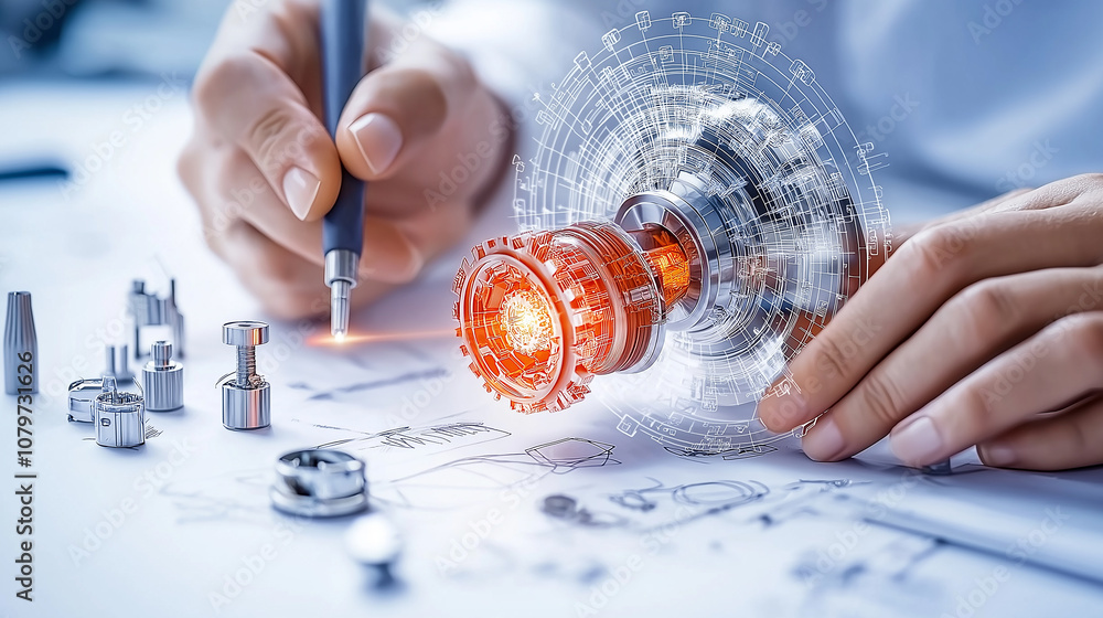 Poster innovative engineer designing mechanical component with precision tools, showcasing creativity and t