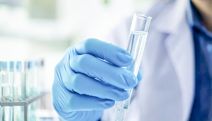 Hand in glove holding a test tube with liquid in a laboratory setting, symbolizing medical research and scientific experimentation
