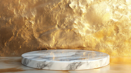 Elegant marble podium against a luxurious, textured golden backdrop. Ideal for showcasing products...