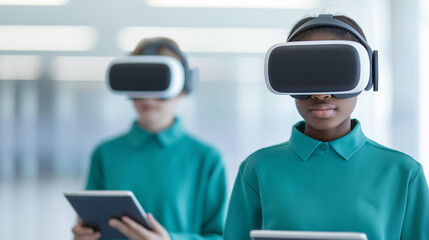 Immersive virtual reality experience with students using headsets and tablets. Engaging learning environment promotes technology integration in education