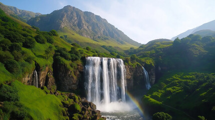 Fototapeta premium Majestic waterfall cascading down rocky cliffs with lush greenery and rainbow. serene landscape showcases nature beauty and tranquility