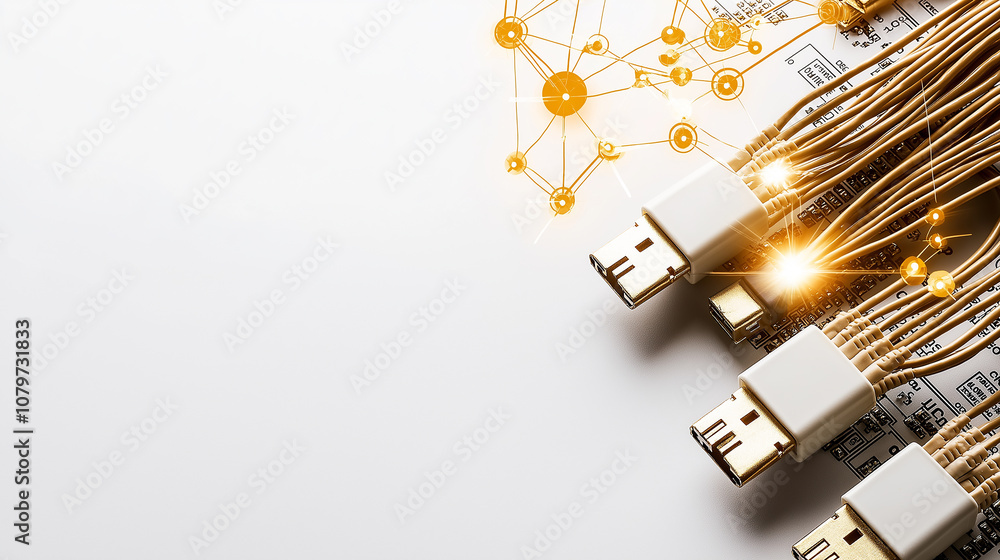 Poster high speed network cables connected to circuit board, showcasing technology and connectivity. glowin