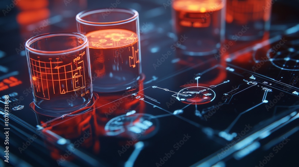 Poster a futuristic lab scene featuring glowing test tubes on a digital interface, emphasizing technology a