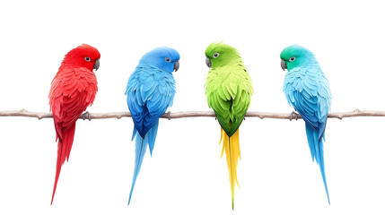 Four colorful parrots perched on a branch, showcasing vibrant feathers in red, blue, green, and yellow against a white background.