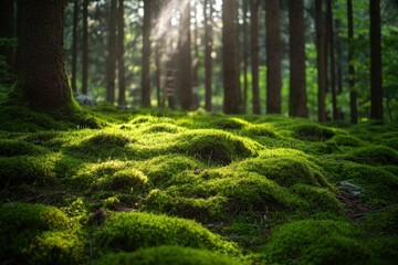 Sunlight filtering through trees onto a bed of moss in a forest.
