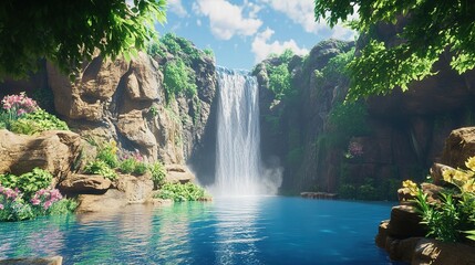Naklejka premium A scenic adventure destination featuring a towering waterfall cascading into a deep pool.