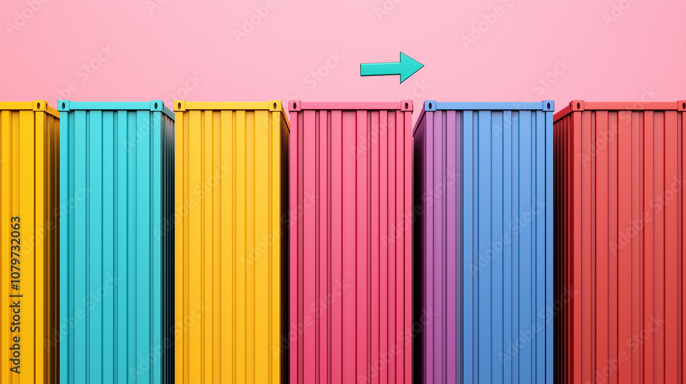 Poster colorful shipping containers arranged in row with arrow indicating movement. vibrant colors create l