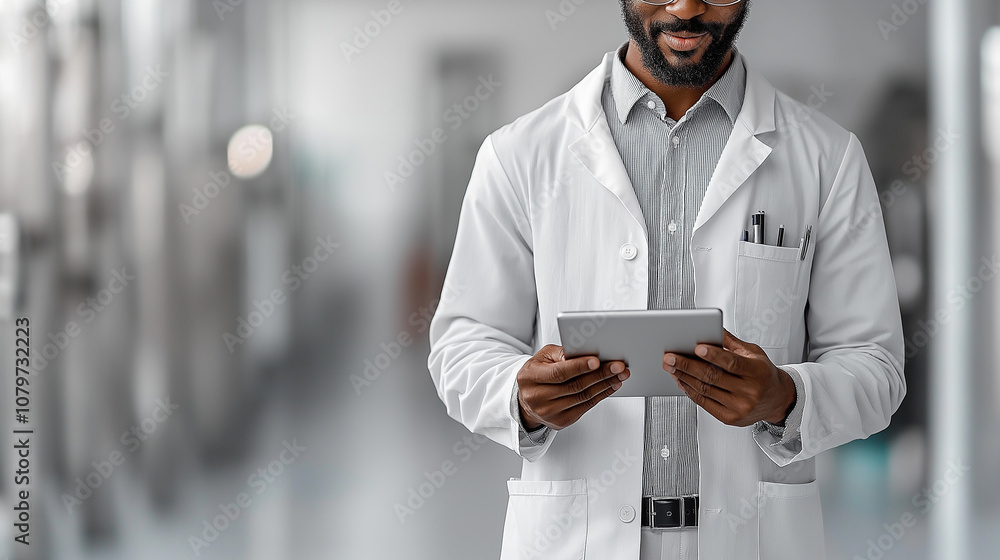Poster healthcare professional in lab coat uses tablet for quality control checks in modern facility, showc